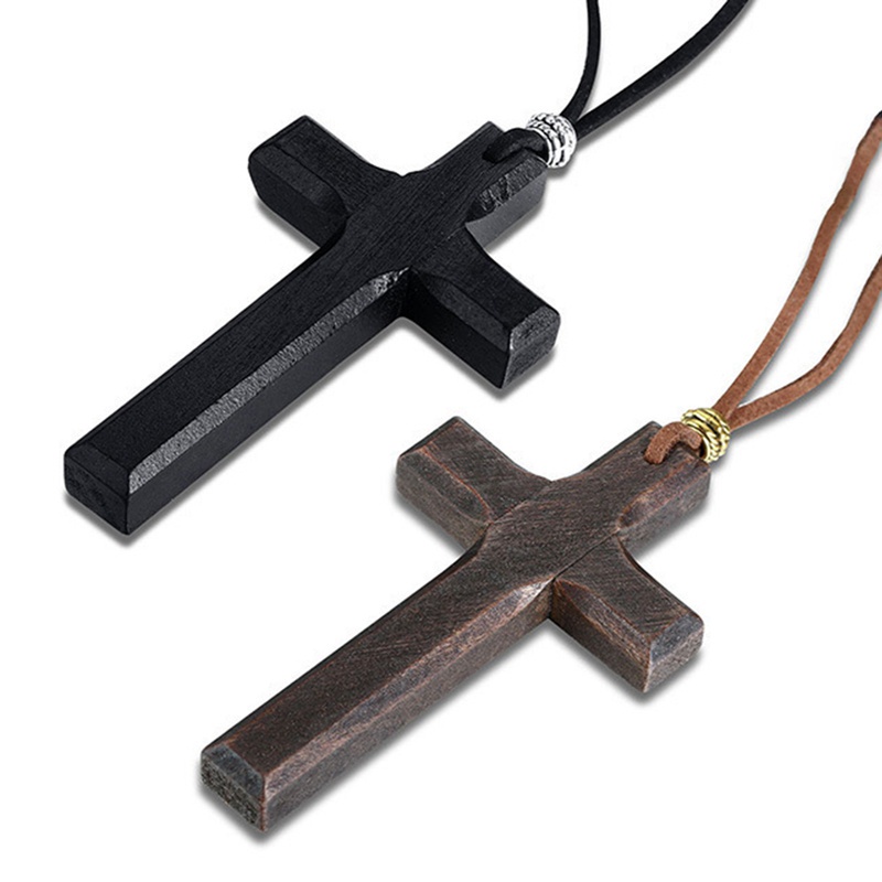 Wooden Cross Necklace On Leather Cord For Men Pendant In Black Brown Tone Jesus Christ Lord Prayer Jewelry