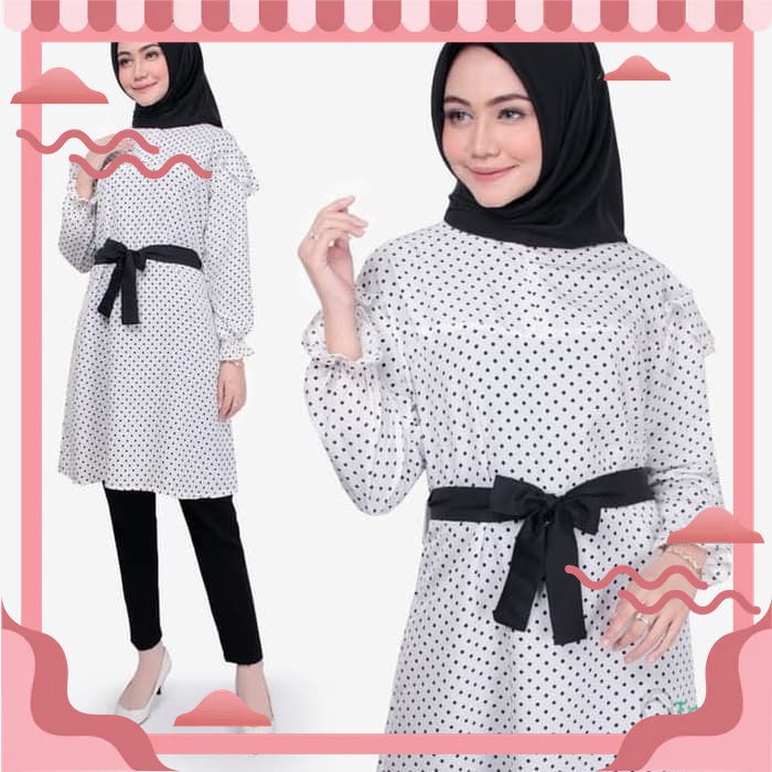 Atasan Muslim Original Wanita Muslimah Tunik Putih Motif Polkadot Bahan Monalisa Terbaru Bisa COD
