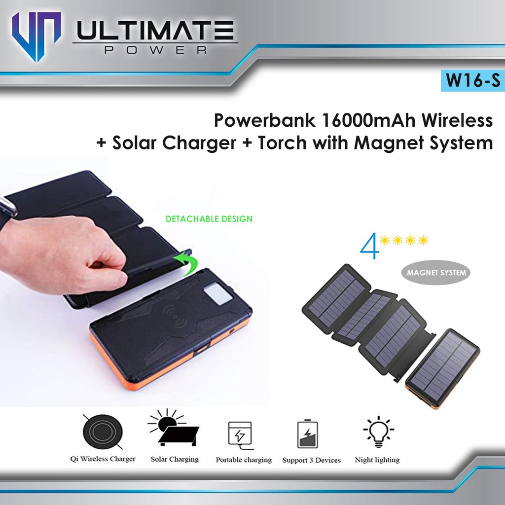 Power bank Solar 16000mAh Ultimate W16-S + Wireless + LED Torch 16000mAh Magnet System