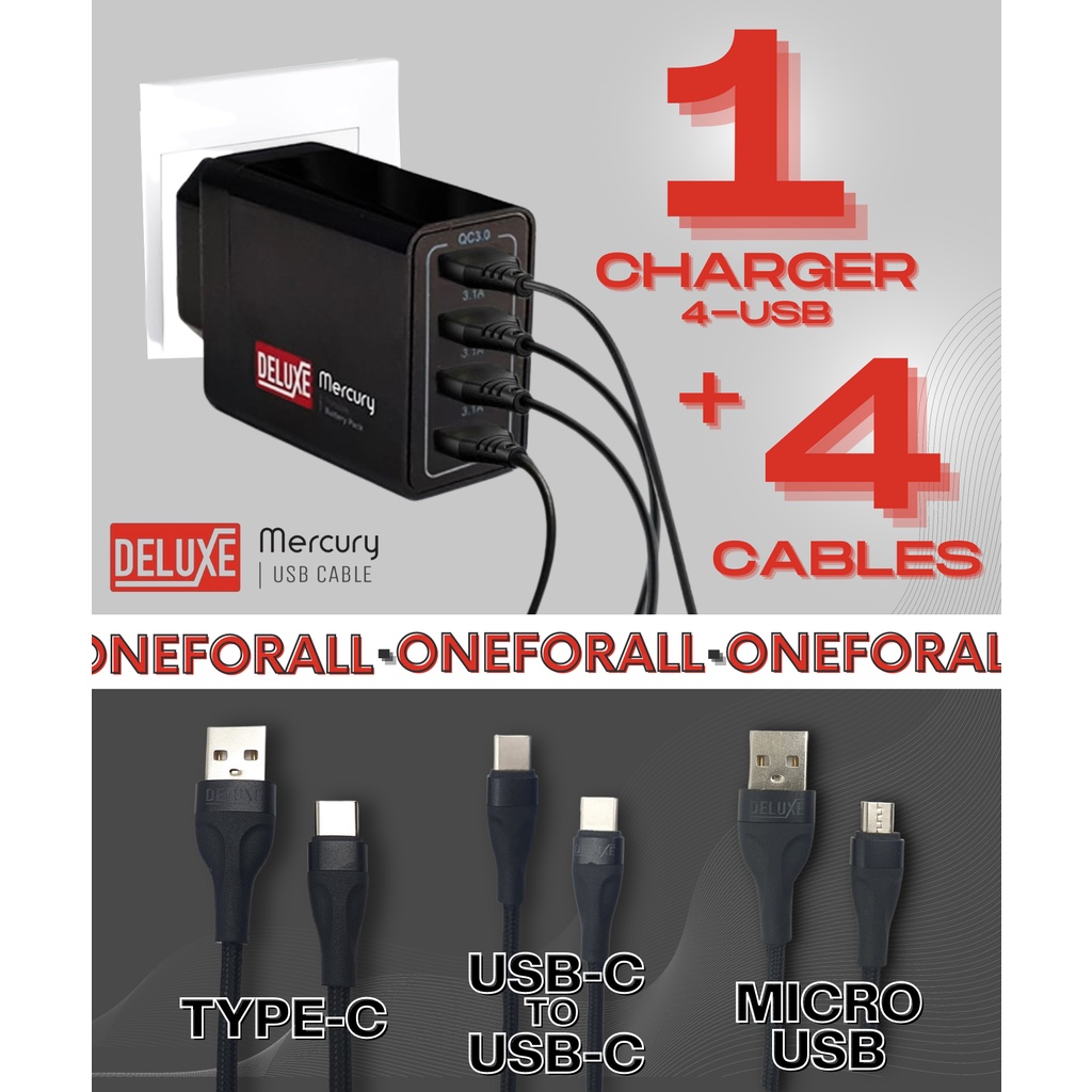 Mercury 1 SET Charger Adaptor 4 USB Kabel USB MICRO / C / IOS / C TO C FAST CHARGING