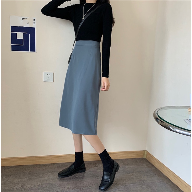 COD New 2022 Fashion Korea Women Black Blue Casual Work Midi Skirts