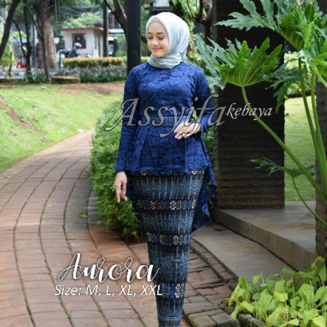 Kiranaol- Stelan kebaya brukat aurora/kebaya brukat pinguin/set kebaya brukat mix plisket panjang / Kebaya Wisuda / Kebaya Brukat Pesta / Kebaya Lamaran / Set Kebaya By Kiranaol-NAVY