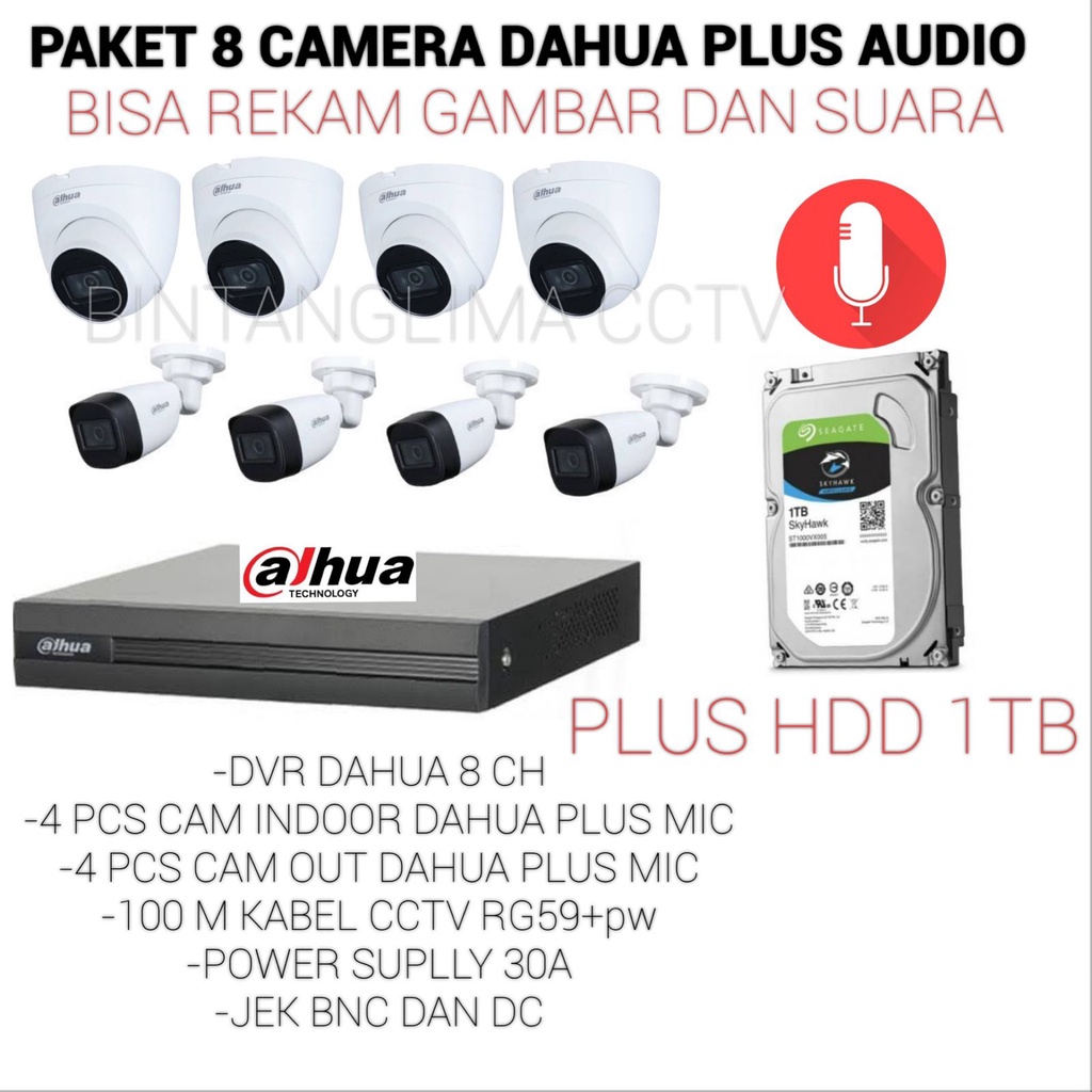 PAKET DAHUA 8 CAMERA 2MP BUILT-IN MIC BISA REKAM GAMBAR DAN SUARA