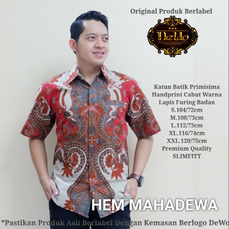 Kemeja Batik Slimfit Lengan Pendek Batik Slimfit Warna Merah HEM MAHADEWA Baju Batik Slimfit