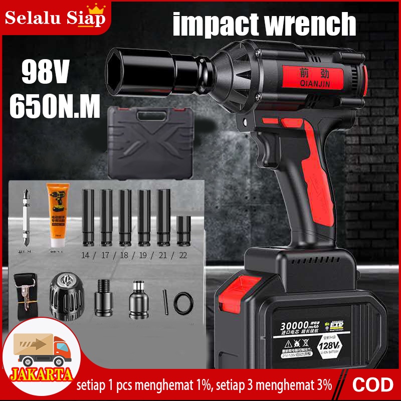 {2 PCS baterai}128V Cordless Impact Wrench 98V Brushless  650n.m Bor Obeng Kunci 98 Volt