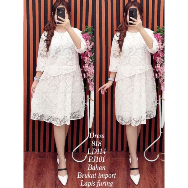 818 Tunik Dress Putih Brukat Lapis Furing Import
