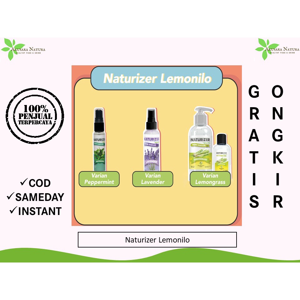 Lemonilo Hand Sanitizer Naturizer Peppermint &amp; Lavender 30 ml &amp; Lemongrass 50ml BISA COD | INSTANT | SAMEDAY