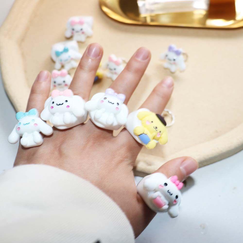 Mxbeauty Resin Cincin Untuk Gadis Hadiah Adjustable Melodyku Puding Anjing Kuromi Perhiasan Fashion Berbentuk Hati Kartun Jepang Telinga Besar Anjing Gaya Korea