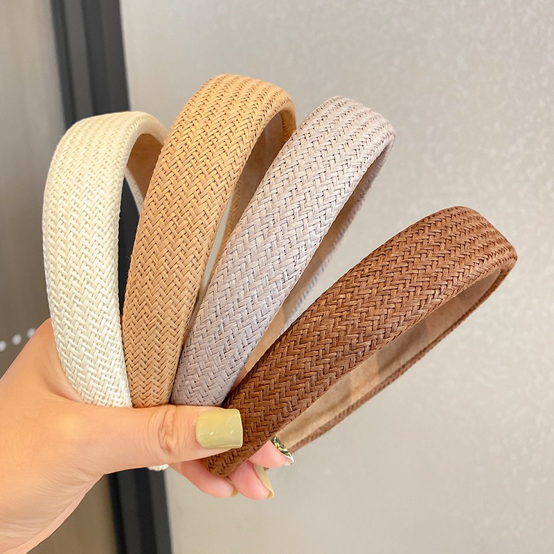 Bando Korea 3.3cm Rotan Tenun Jerami Bandana Headband Busa Lebar Rambut Wanita Dewasa Polos Unik Lucu
