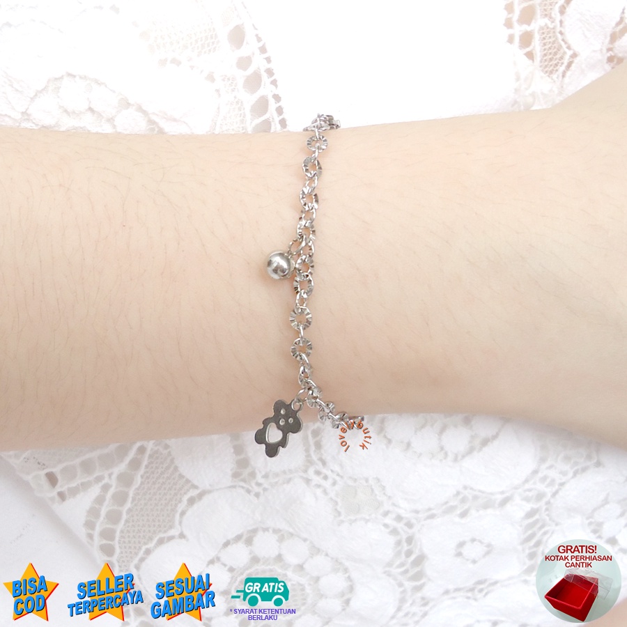 Lovelybutik Gelang Anak Titanium Anti Karat  Aksesoris Wanita Fashion Bear Kecil Bonus Kotak