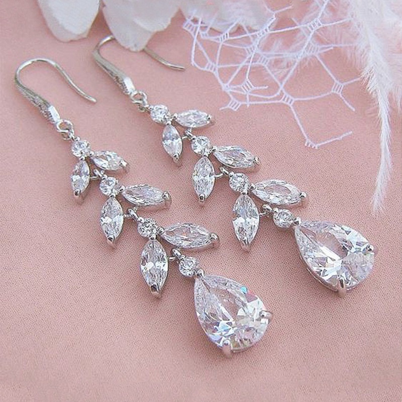 Anting Gantung Kristal Cubic Zirconia Mewah Untuk Pengantin Wanita