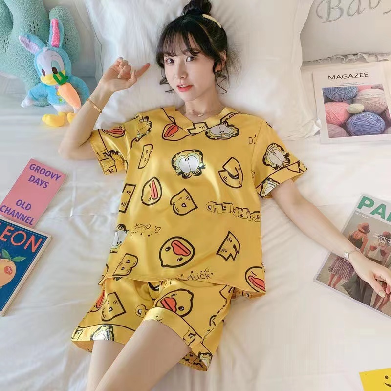 BIG SIZE Set piyama sutra wanita 1set pakaian tidur kaus longgar kartun lucu lengan pedek+celana pendek 2023