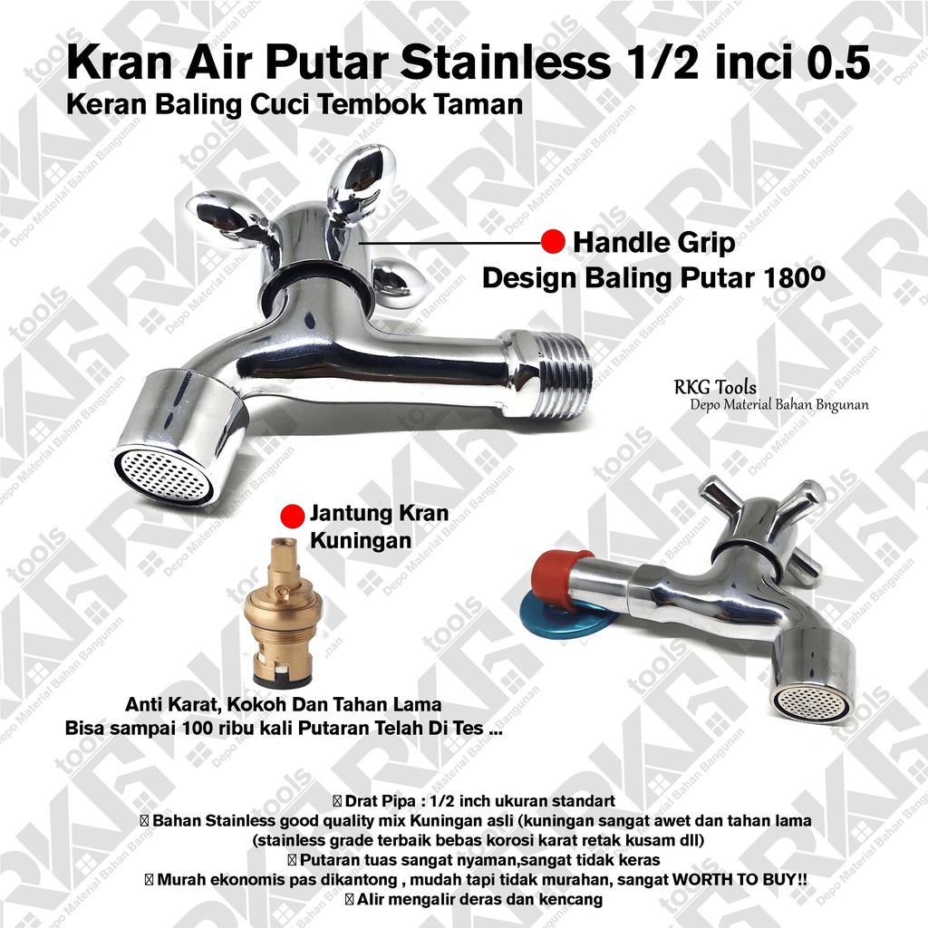 Kran Air Putar Stainless 1/2 inci 0.5 l Keran Baling Cuci Tembok Taman