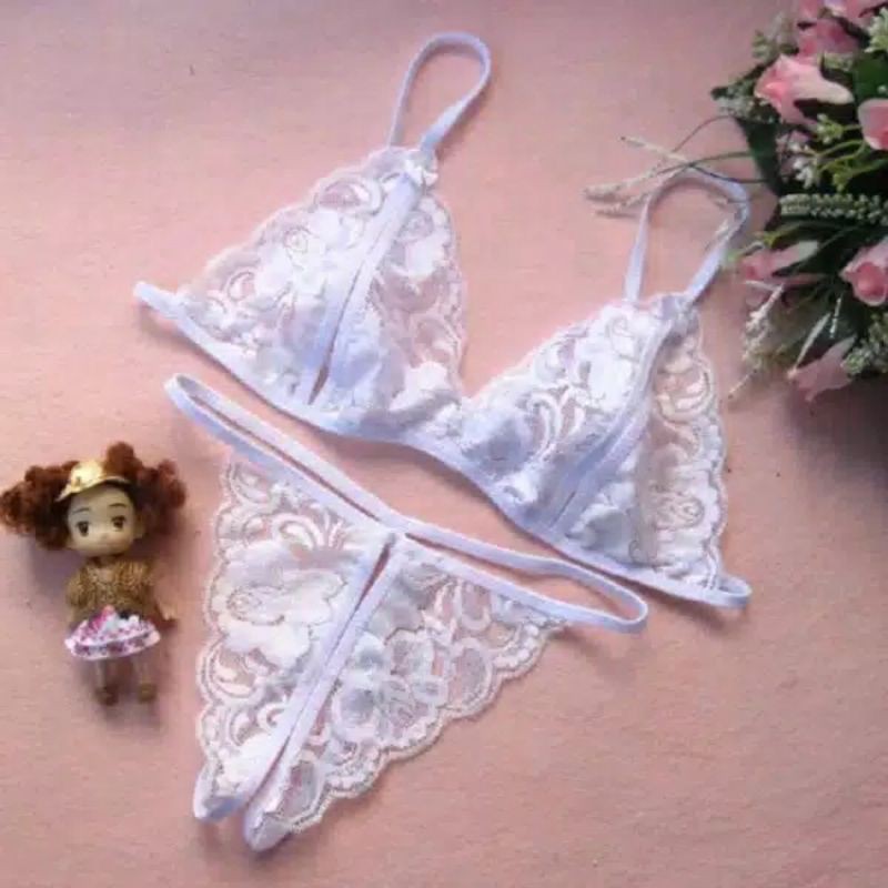 Satu Set Pinky Pakaian Dalam Wanita Fashion Set Bra Lingerie G-String Bahan Lace Bra-Putih