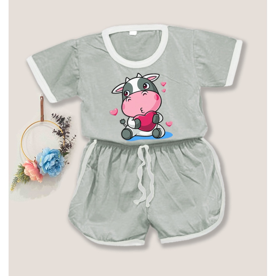 Setelan Baju Playful Colour Anak Karakter Cow / Setelan Anak Unisex Usia 1-5 tahun