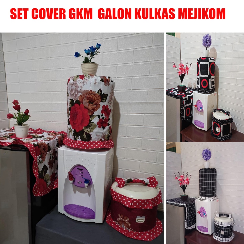 Set Sarung Galon Taplak Kulkas Mejikom Aesthetic Kain Katun Motif Batik Bunga Abstrak Kotak Karakter