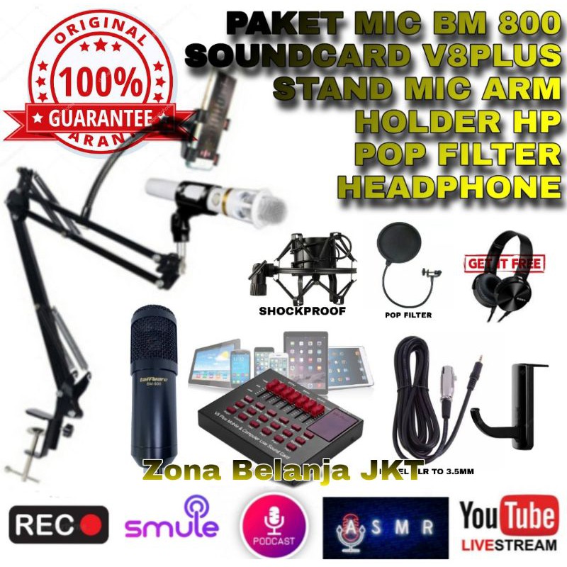 FULL PAKET MIC CONDENSER BM 800 SOUND CARD V8PLUS LIVE RECORDING PODCAST