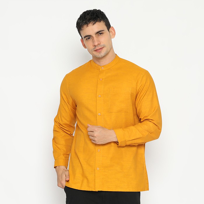 MAZLEM Aqsa Mustard - Baju Koko Pria Lengan Panjang Bahan Linen