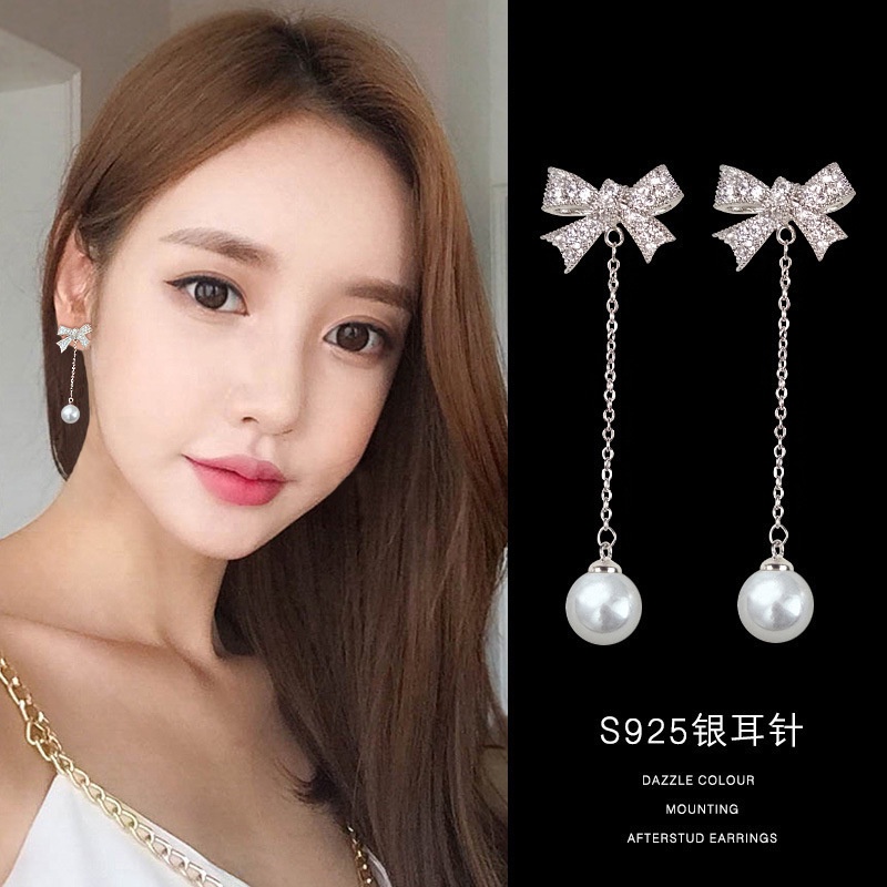 Busur stud anting-anting wanita all-match Mutiara Korea sederhana anting-anting panjang tetes teling