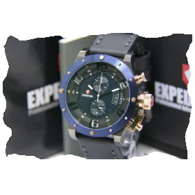 JAM TANGAN PRIA EXPEDITION ORIGINAL E 6381 GREY BLUE SOFT GOLD LEATHER BLACK