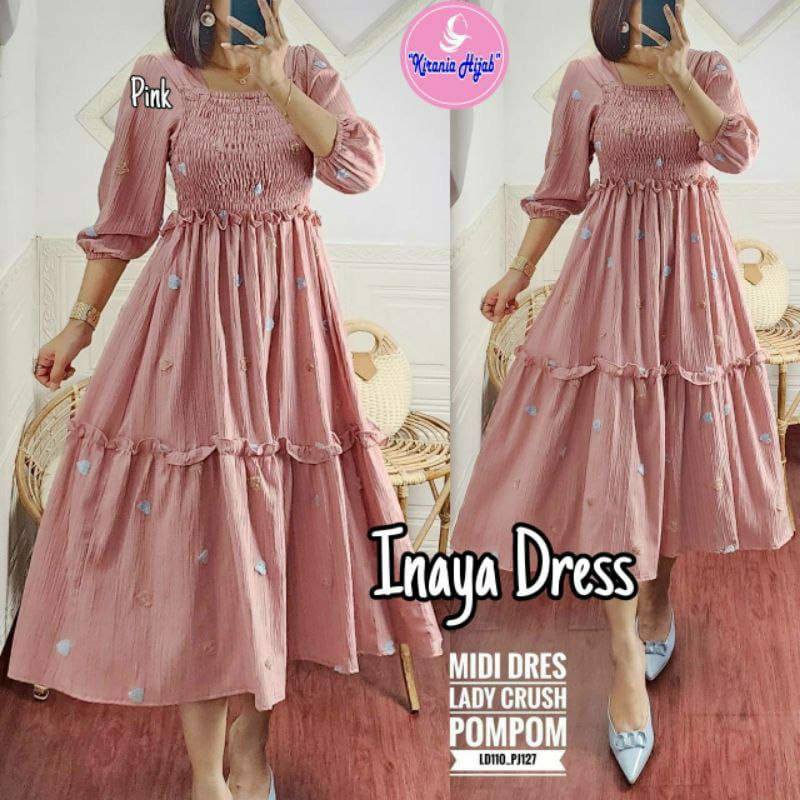 Inaya dress  midi dress crinkle ladycrush pompom