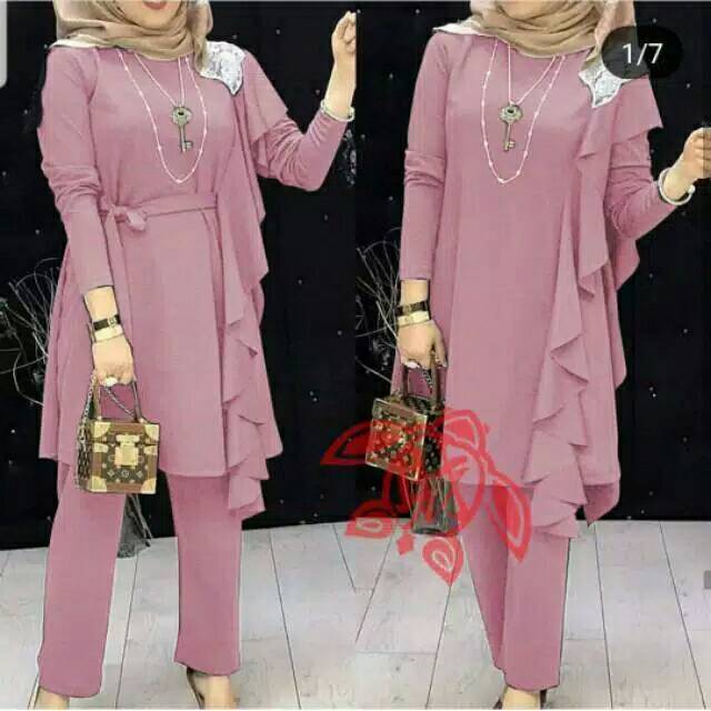 SET CELANA NAURA LAYER, MOSCREPE PREMIUM, GAMIS HIJAB MUSLIM DRESS, SETELAN, 2 UKURAN