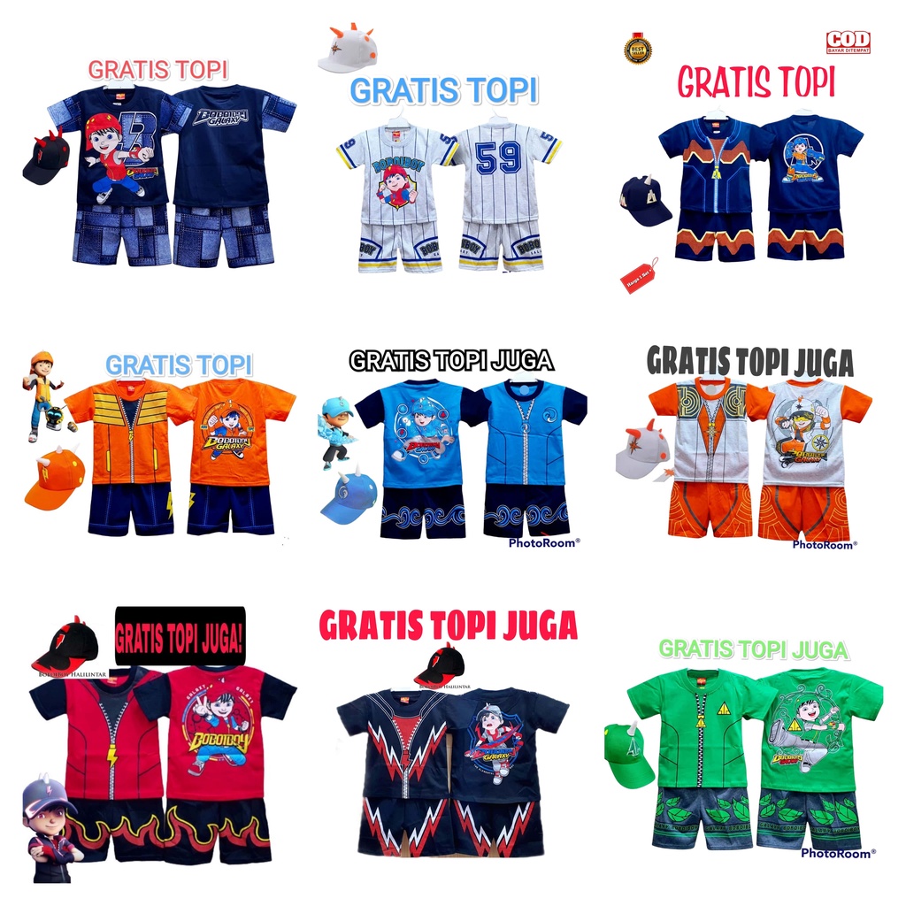 setelan baju 1 set anak boboiboy free topi koleksi daun air halilintar solar boboiboy baju boboiboy