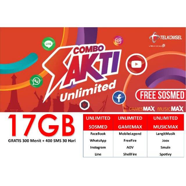 KARTU SAKTI 17GB/75RB 25GB/100RB GRATIS TLP DAN SMS NOMOR ACAK 4GLTE