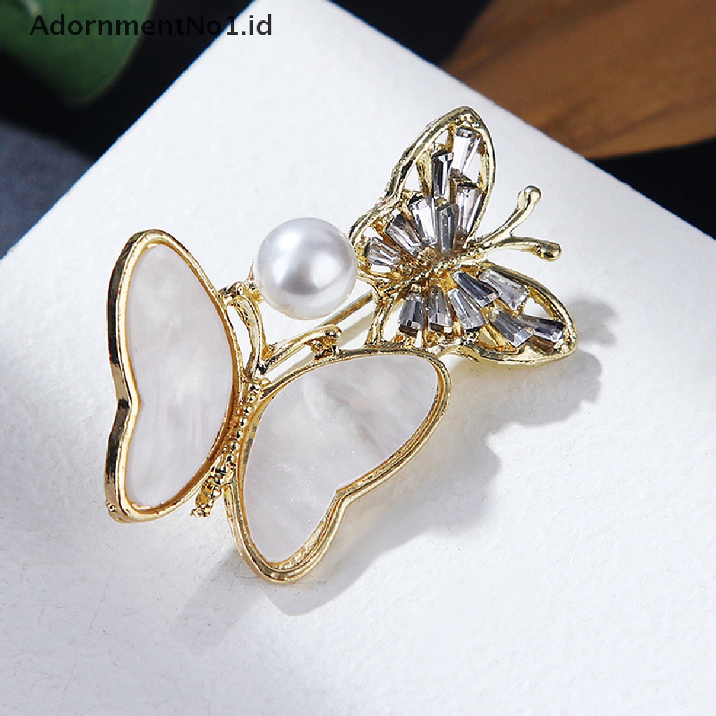 (AdornmentNo1) Bros / Pin Bentuk Kupu-Kupu Ganda Aksen Zircon + Mutiara Untuk Aksesoris Wanita (ID)