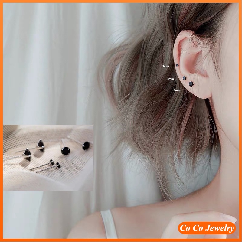 S925 Silver Black and White Zircon Earrings Ins Trend Simple and Small Cold Wind Men and Women Accessories Jewelry Gifts