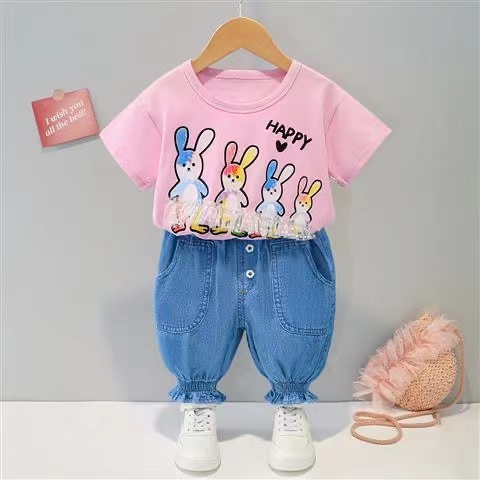 KF CAT Setelan Anak Perempuan Fashion Casual Kaos Rabbit Renda Lengan Pendek + Celana Bawah Karet Style Ala Korea Import Untuk Umur 6 Bulan-4Tahun