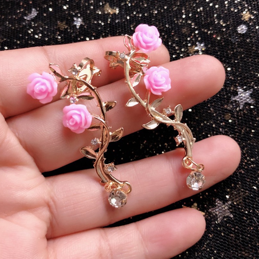 Hu Hu Hu Hu Hu Alat Bantu Pasang Kacamata♡ 1 Pasang Anting Klip Bentuk Bunga Mawar Aksen Berlian Imitasi Untuk Wanita