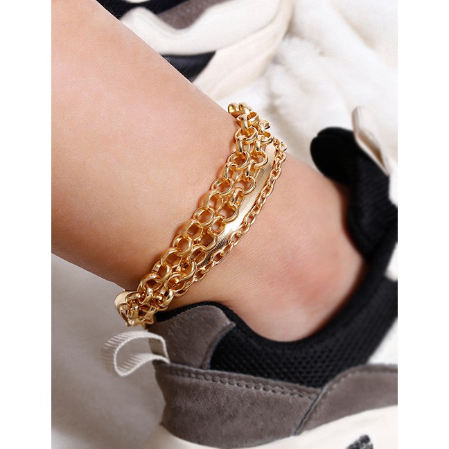 LRC Gelang Kaki Fashion Golden Chain Alloy Multilayer Anklet Set K09514