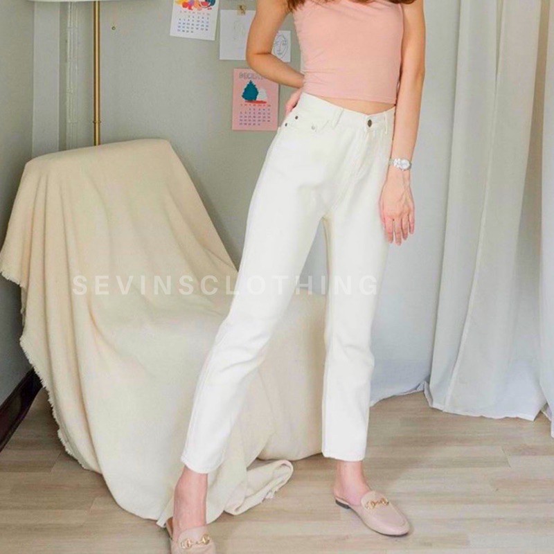 SEVINS - highwaist Boyfriend jeans putih/white/boyfriend jeans wanita