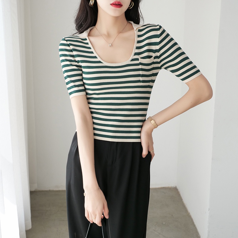 【Elegant】Summer  Stripe Tight Knitted Short Sleeve T-Shirt 7385