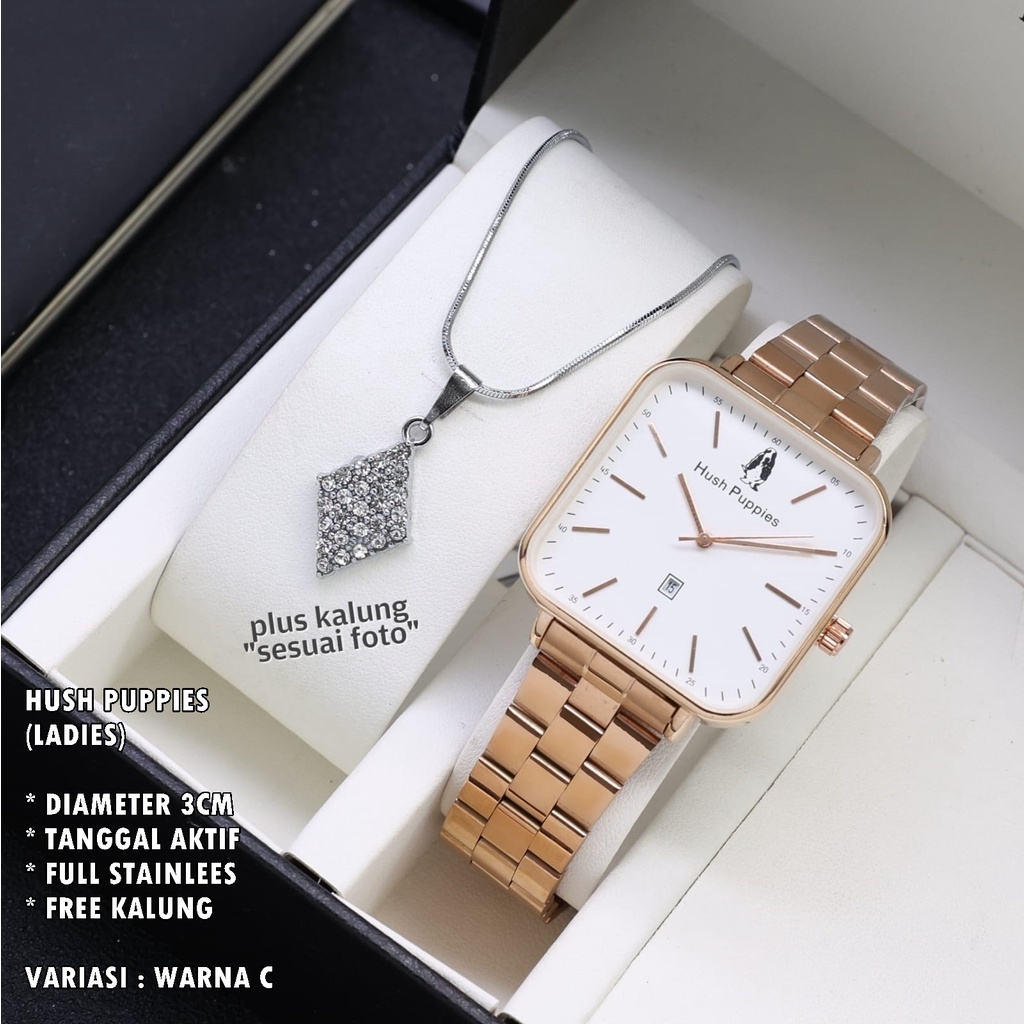 (BISA COD) JAM TANGAN WANITA HUSH PUPPIES H-009 RANTAI BODY SEGI TANGGAL AKTIF FREE KALUNG