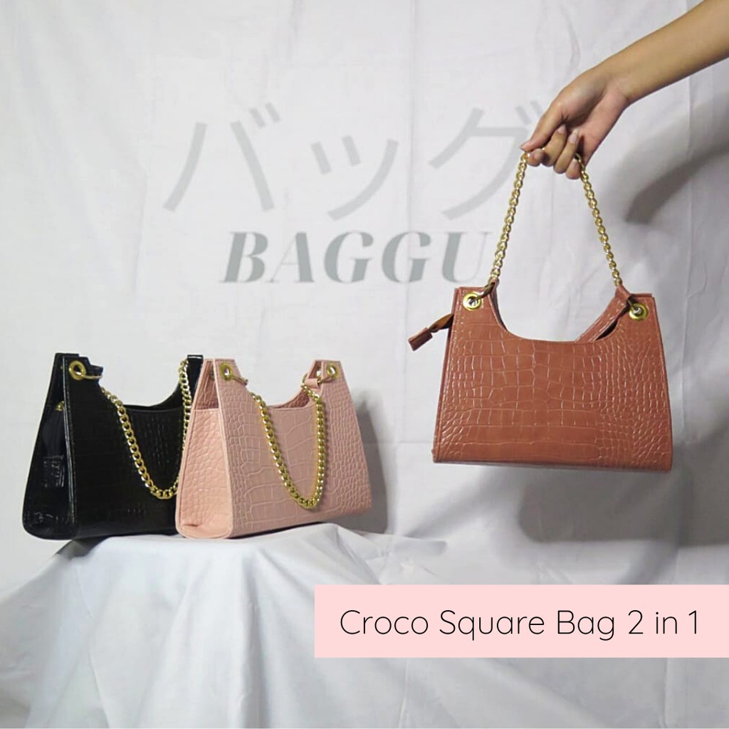 BAGGU.ID Croco Square Bag 2 in 1 / Croco Hand Bag Shoulders Bag / Tas Rantai Bahan Croco Premium