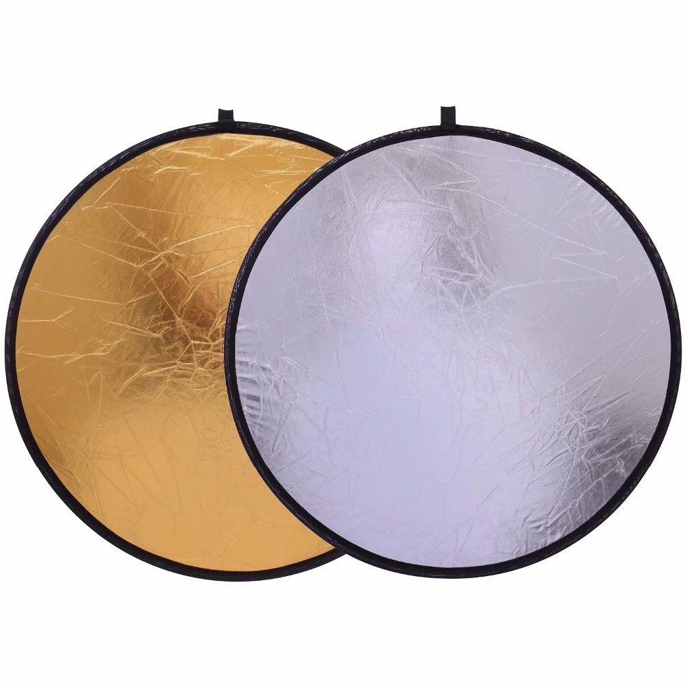 Agustinina Disc Light Reflector Studio Fotografi Collapsible 24 &quot;/ 60cm 2in1 Handhold Gold and Silver Flash Diffuser