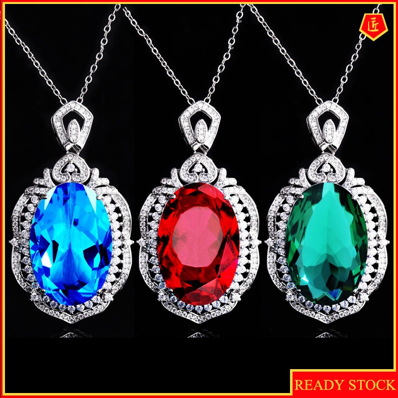 [Ready Stock]Inlaid Gem Pendant Blue Zircon Necklace Female Fashion Elegant