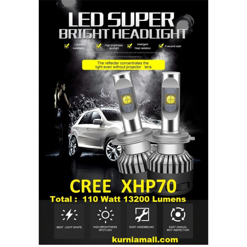 Premium LED Chips CREE XHP-70 110W & 13200 lm Lampu Mobil H4 White Superbright Led