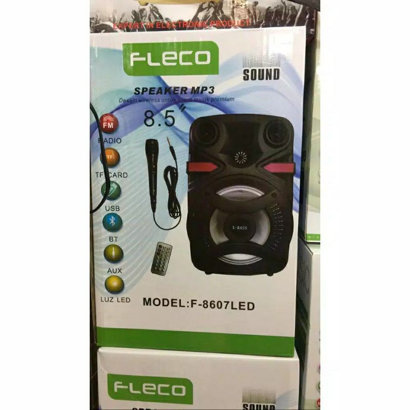 Speaker Bluetooth Fleco F-8607 LED 8.5" Speaker Karaoke Free Mic