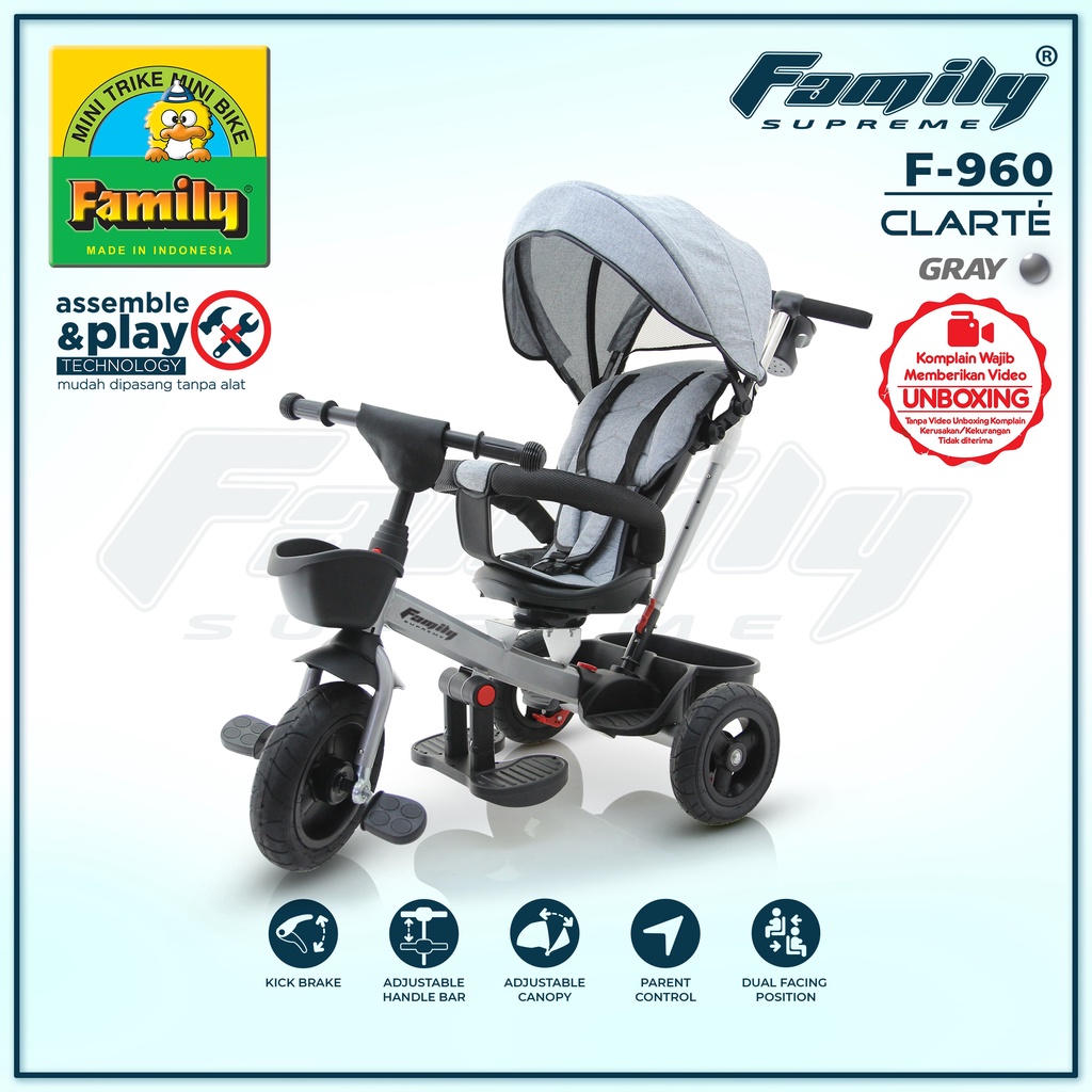 Family Sepeda Anak Roda 3 Supreme Clarte / Stroller Baby / Dorongan Bayi Roda Tiga dengan Kanopi dan