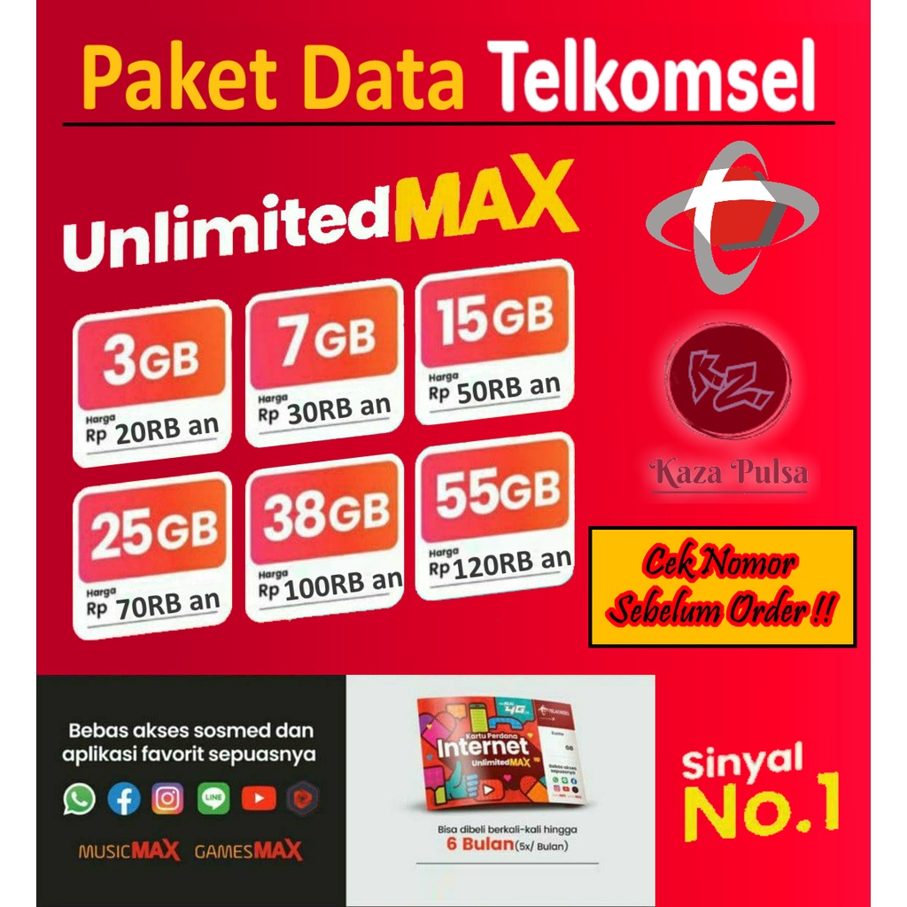 Paket Data Telkomsel Unlimited Max 3GB 7GB 15GB 25GB 38GB 55GB