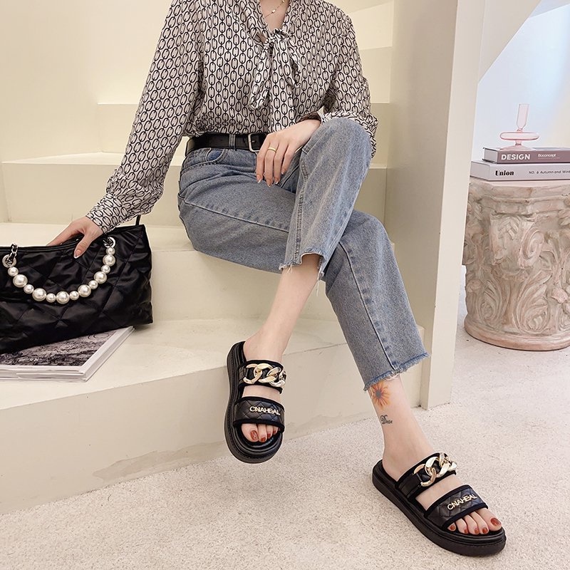 DDS10998 Sandal Wanita Import Fashion Import Cnaheal Chain Slip On Ready Jakarta Bisa COD (With Box)