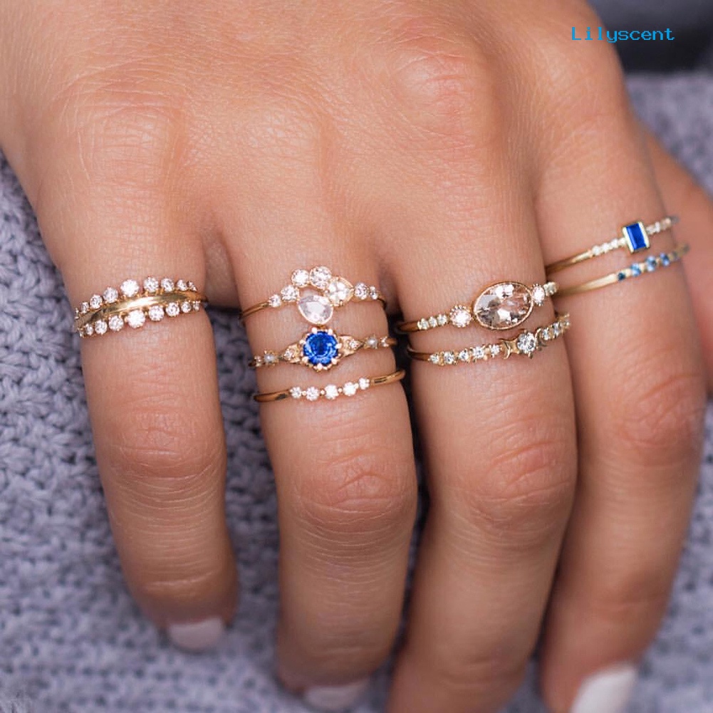 8pcs / Set Cincin Knuckle Midi Slim Stacking Aksen Berlian Imitasi Untuk Wanita