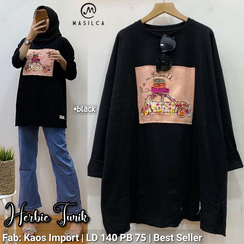 Kaos Tunik Tunic Baju Atasan Wanita Panjang Hitam Jumbo Oversize Muslim Ld 140 Suju Kekinian Modern.