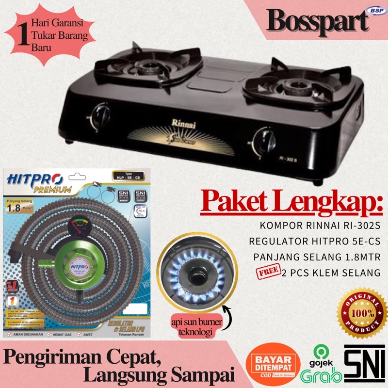 Paket Kompor Gas Rinnai 2 Tungku RI-302s bonus selang regulator Hitpro