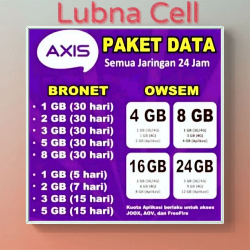 (KUOTA UTAMA NASIONAL) INJECT KUOTA AXIS 1GB 2GB 3GB 5GB 8GB 16GB 24GB 25GB 50GB MINI BRONET OWSEM