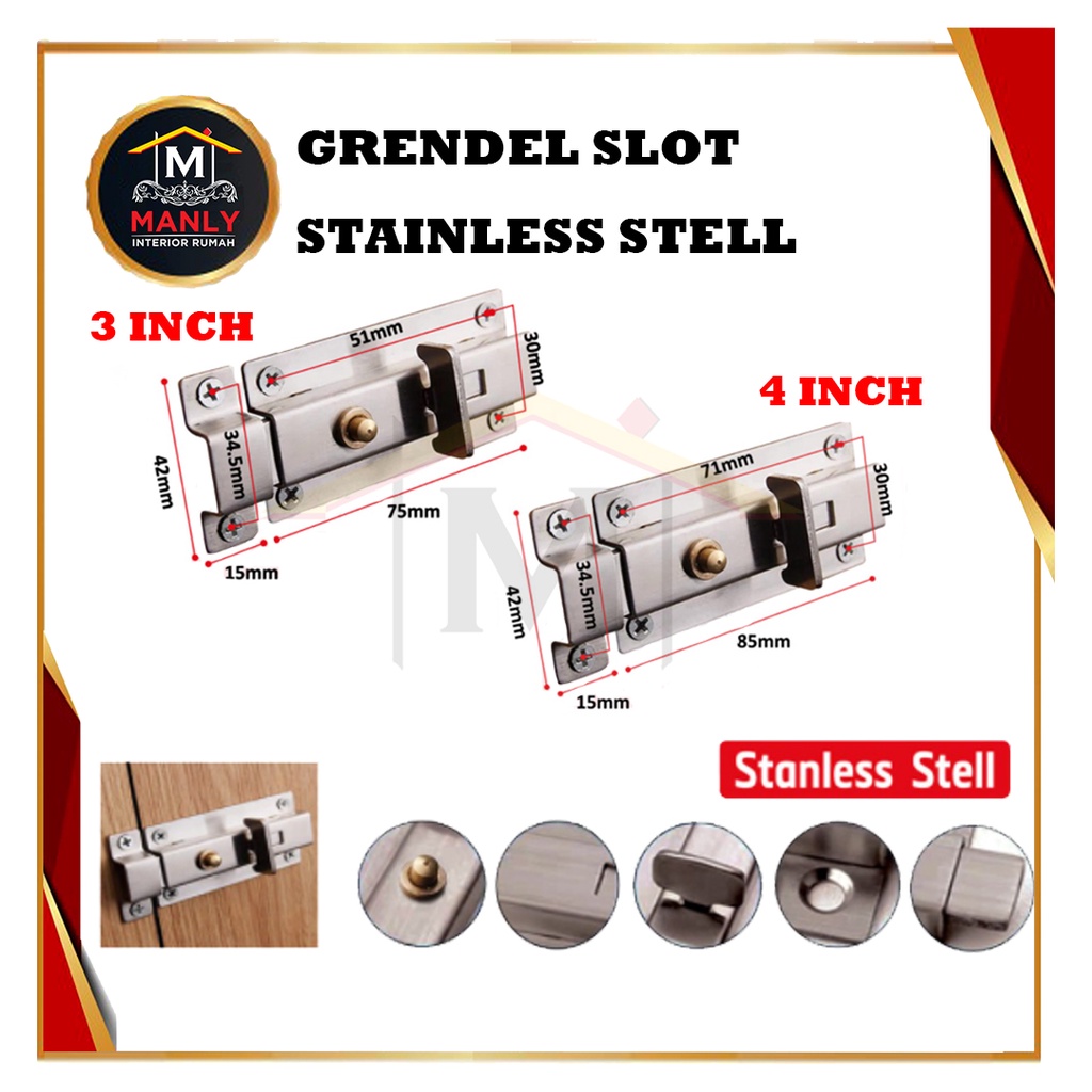 Grendel slot Pintu/ Slot Pintu/Selop Kunci Pintu/Grandel stanless stell  Otomatis 3 inchi &amp; 4 inchi