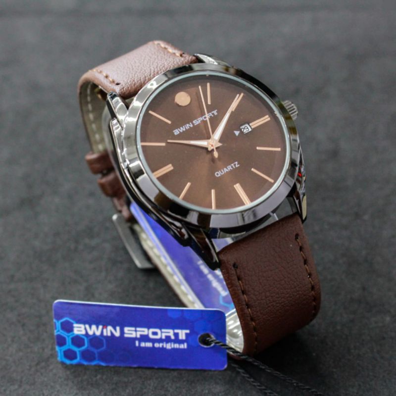 JAM TANGAN PRIA WANITA BWIN SPORT B633 ORIGINAL TANGGAL AKTIF TALI KULIT